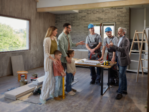 A family reviewing roofing financing options with a representative from Minnesota Remodeling Solutions.