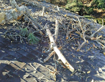 Debris from summer storm on a damaged roof